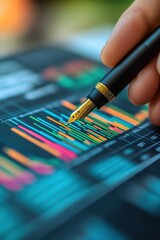 Poster - Close-up of Hand Analyzing Financial Data with Pen on Chart Paper