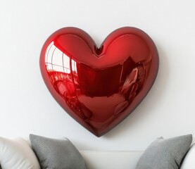 Poster - Glossy Red Heart Balloon Decoration Wall Art for Romantic Settings in Modern Interiors with Soft Textures and Natural Light Reflections