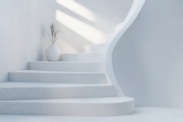 Poster - Smooth curves of a white concrete staircase blend seamlessly with soft lighting, guiding the viewer into an ethereal infinite horizon, evoking tranquility and modern elegance