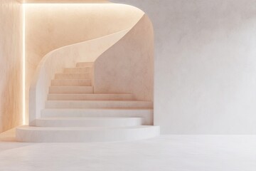 Poster - A smooth, white concrete staircase curves gracefully into a bright, ethereal space. Soft lighting enhances the minimalistic architecture, inviting exploration into infinity