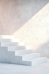 Poster - A smooth, white concrete staircase ascends into a softly illuminated horizon. The elegant architectural design creates a serene, dreamlike atmosphere filled with ample negative space