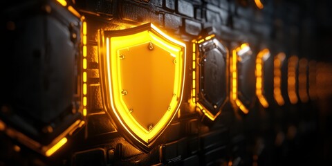 Poster - Glowing Golden Shields on a Dark Background with Modern Technology Concept for Security, Protection, Defense, and Digital Safety in Futuristic Design