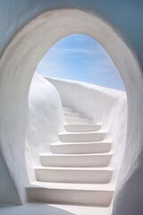 Poster - A striking white concrete staircase ascends gracefully into a softly lit infinite horizon, echoing a blend of minimalist design and serene elegance in an ethereal setting