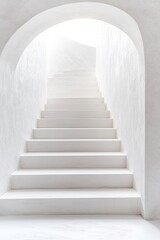 Poster - The staircase, crafted from smooth white concrete, ascends gracefully toward a luminous horizon, embodying a serene and minimalist design that invites tranquility and reflection