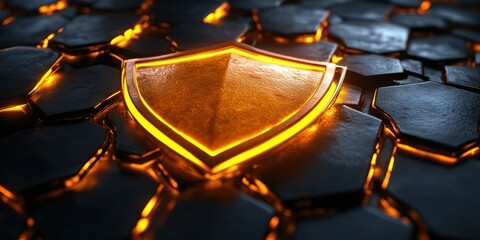 Poster - Glowing Orange Shield on Dark Hexagonal Surface with Radiant Light Effects for Enhanced Security and Protection Themes in Digital Design