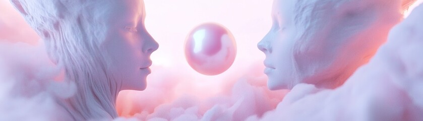 Poster - A glowing pearl hovers delicately between two abstract feminine silhouettes