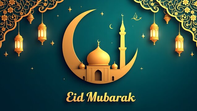 Eid Mubarak Celebration with Golden Mosque & Starry Night Elegance