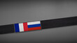 © patera - 3D rendering of two flag from France and Russia on a dark band, symbolizing political relations, diplomacy, or conflict. simple, clean Gray background for focus, seriousness, formality