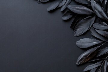 Poster - Soft black feathers weave through chrome botanical elements on a luxurious black backdrop, creating an elegant and refined atmosphere with ample space for customization