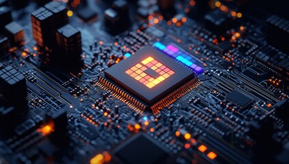 Aufkleber - High-Tech Microprocessor on Circuit Board with Glowing Lights in Modern Digital Technology Background for Innovative Electronic Devices