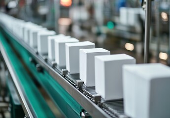 Poster - Industrial conveyor belt transporting white boxes in a modern factory setting, emphasizing automation and efficiency in manufacturing processes