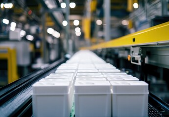 Poster - Industrial Production Line with White Container Boxes Moving on Belt Conveyor in Modern Manufacturing Facility