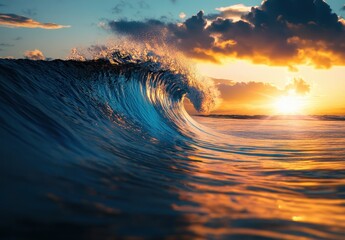 Poster - Majestic Ocean Wave at Sunset, Capturing the Beauty of Nature with Vibrant Colors and Glowing Surface as Sun Sets on the Horizon Creating a Serene Atmosphere
