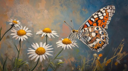 Aufkleber - A beautifully patterned butterfly pollinating a daisy in a sun-kissed flower field.