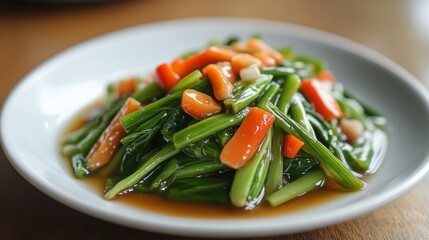 Poster - A beautifully plated dish of stir-fried morning glory with oyster sauce, glistening with rich flavors.