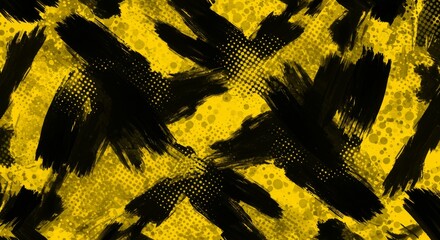 Wall Mural - black and yellow abstract background with brushstroke and halftone style