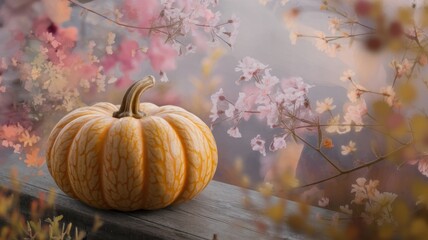 Wall Mural - Pumpkin in warm autumn colors. Flowers with a delicate structure and transparent petals. The background is slightly blurred and there is room for text.