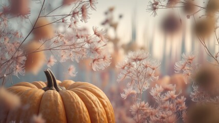 Wall Mural - Pumpkin in warm autumn colors. Flowers with a delicate structure and transparent petals. The background is slightly blurred and there is room for text.