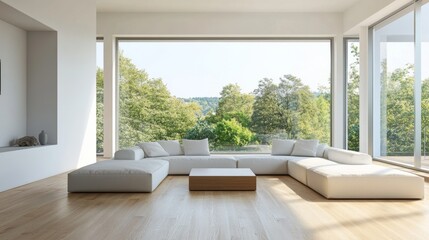 Poster - A chic minimalist living room with a large open window, white furniture, and warm wooden flooring.
