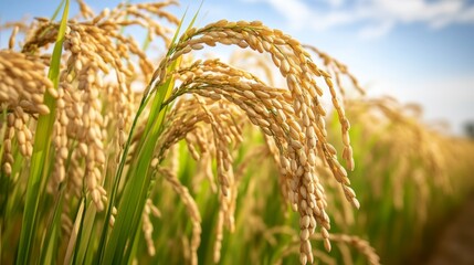 Poster - A close-up of rice plants swaying in the evening breeze, bathed in warm golden light.