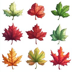 Aufkleber - A colorful collection of autumn leaves, showcasing different shapes and vibrant colors against a clean white background.