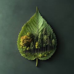Poster - A Leaf of Life: A Lush Forest Hidden Inside a Single Green Leaf on a Serene Dark Green Background