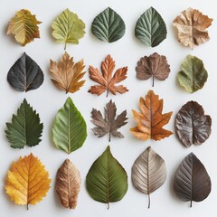 Aufkleber - Assorted Autumn Leaves: A Collection of Textural and Colorful Botanical Specimens Displayed on a White Background