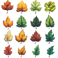 Aufkleber - Assorted Colorful Autumn and Summer Leaf Illustration Set with Variety of Shapes and Vibrant Tones