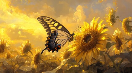 Aufkleber - A majestic butterfly collecting nectar from a sunflower, framed by a golden sunset sky.