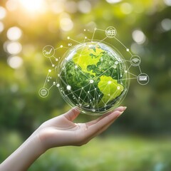 Aufkleber - Green Earth Held by Hand, Connected by Global Network, Sustainability and Future Technology
