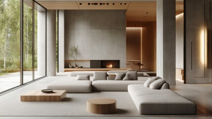 Poster - A modern minimalist living room with an open-concept layout, light gray furniture, and natural wooden elements.