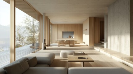 Poster - A modern minimalist living room with an open-concept layout, light gray furniture, and natural wooden elements.