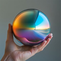 Poster - The Orb of Perception: A Hand Holding a Spherical Object Reflecting a Dreamlike Landscape Within Its Iridescent Surface.