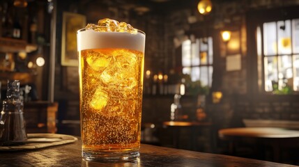 Aufkleber - A refreshing golden beer with ice in a tall glass, with bubbles rising to the top, served in a cozy pub setting.