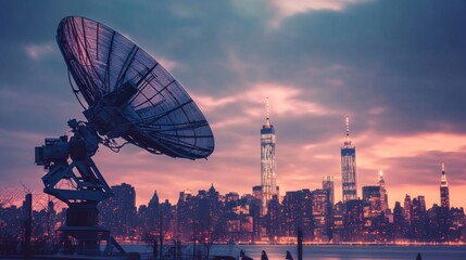 Poster - A satellite dish transmitting news signals, with a city skyline in the background.
