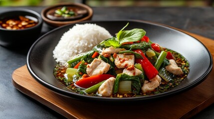Poster - A steaming hot dish of Thai-style morning glory stir-fry, served with jasmine rice and a side of chili fish sauce.