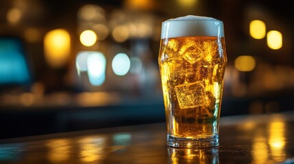 Aufkleber - A tall glass of beer with ice cubes and a foamy top, reflecting golden light in a dimly lit bar.