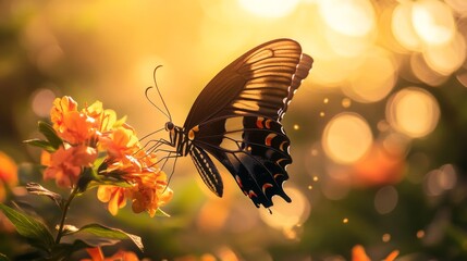 Aufkleber - A tropical butterfly fluttering around a vibrant orange flower, bathed in golden sunlight.