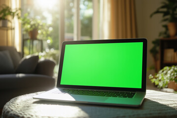 Poster - laptop with a green screen sits on a table in a living room. The room is filled with plants and has a cozy atmosphere