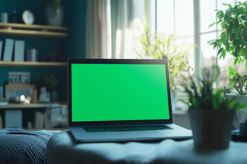 Poster - green laptop screen sits on a table next to a potted plant. The room is decorated with various items, including a clock and a vase. The green screen on the laptop suggests a sense of calm