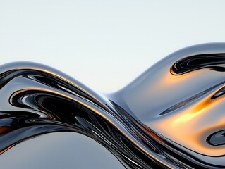 Poster - Shiny liquid metal waves with metallic, flowing forms and illuminated surfaces on a light background.