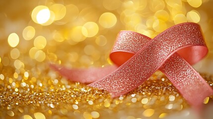 Aufkleber - Pink Ribbon on Gold Glitter Background