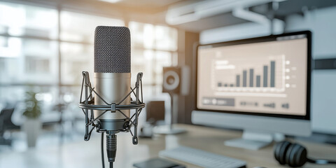 Poster - podcast studio concept, High end podcast studio with microphone and computer setup for recording