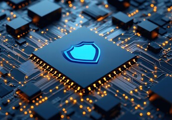 Poster - Microchip with Shield Symbol Representing Cybersecurity, Digital Protection Concept in Modern Technology with Circuit Board Design and Glowing Lights