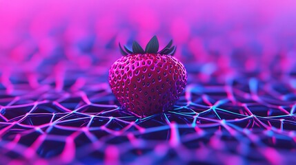 Strawberry on glowing neon net, blurred pink and blue lights, abstract, product design, graphic use