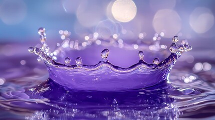 Fototapete - Purple water crown splash macro shot, textured ripples, bokeh background