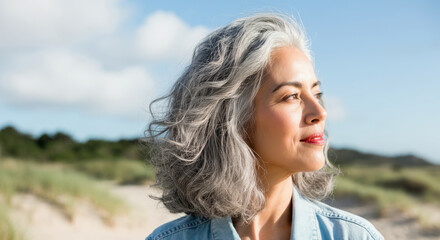 mature hispanic woman enjoying sunny beach day with gray hair in nature