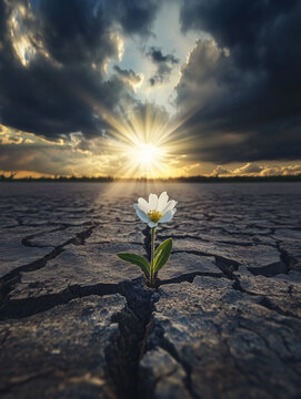 small flower emerging from crack in dry asphalt, symbolizing resilience and hope against dramatic sunset backdrop. scene captures beauty of nature persistence