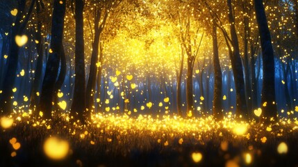 Poster - A magical forest scene is illuminated by a warm, golden glow emanating from the trees and ground, with heart-shaped lights floating throughout