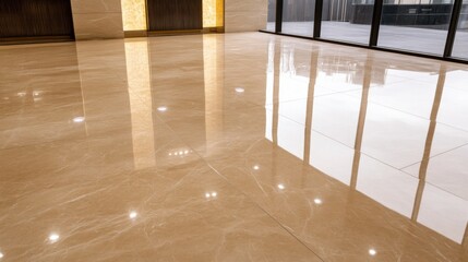 Poster - A high-angle shot showcases a polished, light-colored stone floor with reflective surfaces, leading to large windows and a partially visible elevator bank